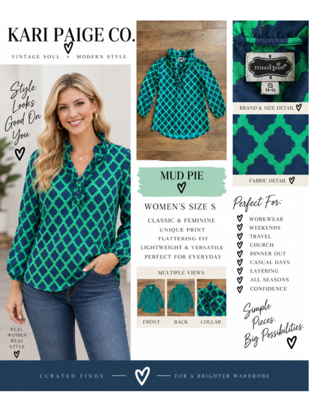 Womens Mud Pie Top Size S Green & Blue Long Sleeve F26